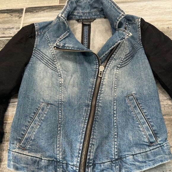 Armani A/X Denim Jacket, Black Cloth Sleeves, Zip Close Moto Fitted Denim Style - Picture 6 of 8